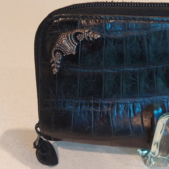 Brighton Vintage Black Leather Croc Zip Around Wallet with Silver Embellishments - Picture 4 of 14